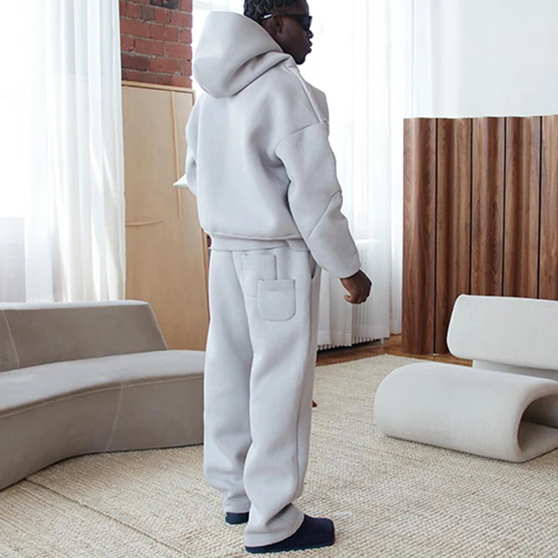 Men Cotton Vintage Tracksuit 2pcs Set Hoodies Straight Pants Casual