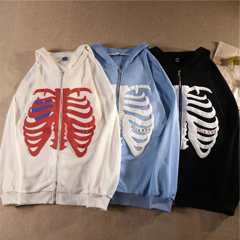 Y2K Skeleton Hoodies Women 2025 Vrouwen Gothic Zwart Zip Up Oversized