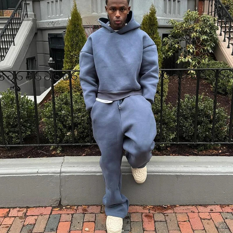 Men Cotton Vintage Tracksuit 2pcs Set Hoodies Straight Pants Casual