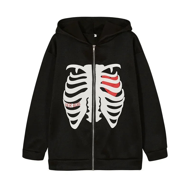 Y2K Skeleton Hoodies Women 2025 Vrouwen Gothic Zwart Zip Up Oversized