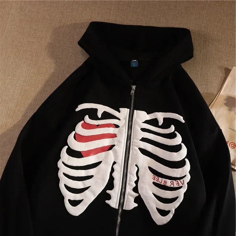 Y2K Skeleton Hoodies Women 2025 Vrouwen Gothic Zwart Zip Up Oversized