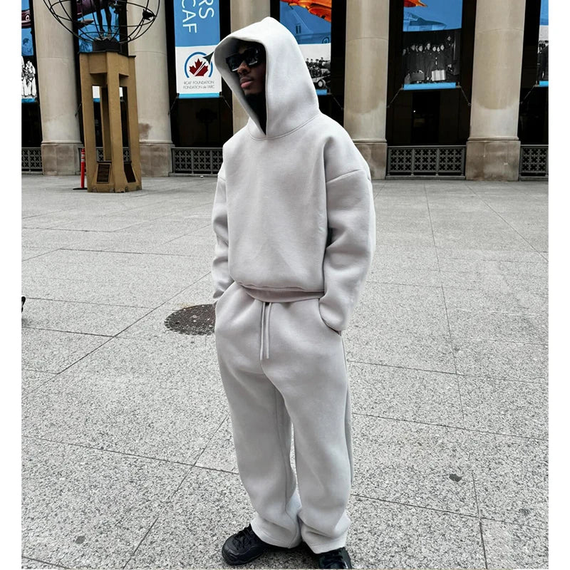 Men Cotton Vintage Tracksuit 2pcs Set Hoodies Straight Pants Casual